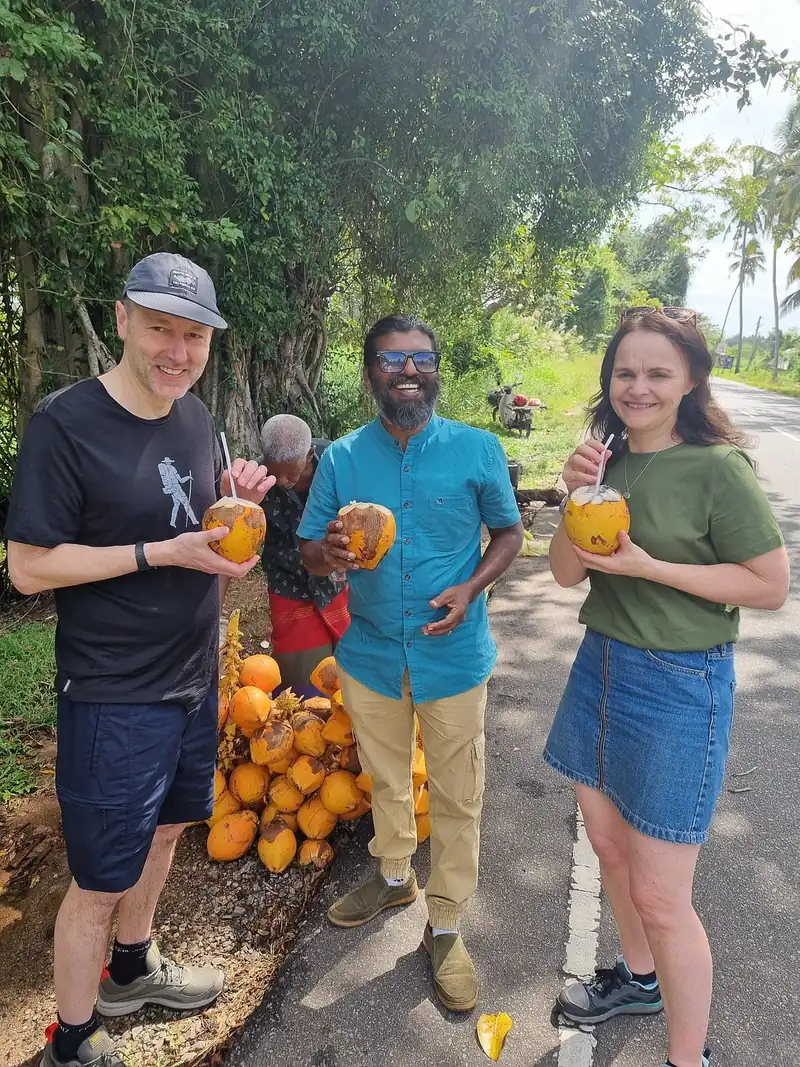 Pause noix de coco en bord de route avec le chauffeur-guide